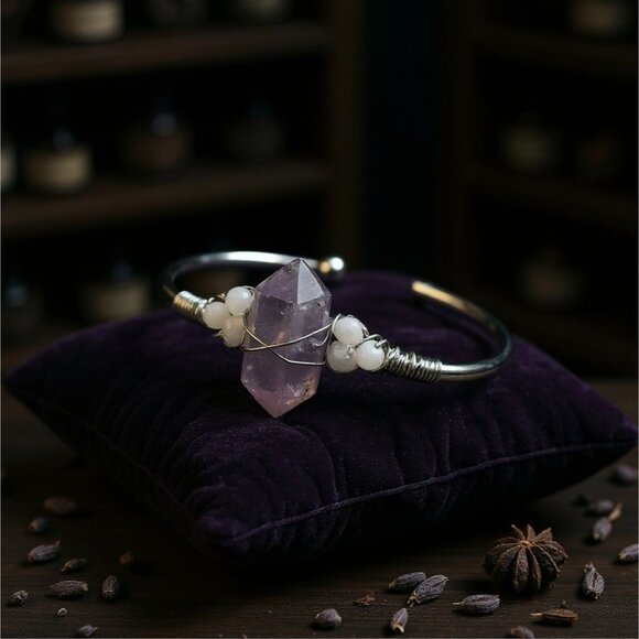 Amethyst & Moonstone Wire Wrap Cuff – 925 Over Copper – Intuition & Clarity - Picture 12 of 12